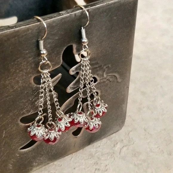 Triple Chained Red Crystal Swingy Earrings - Picture 2 of 3